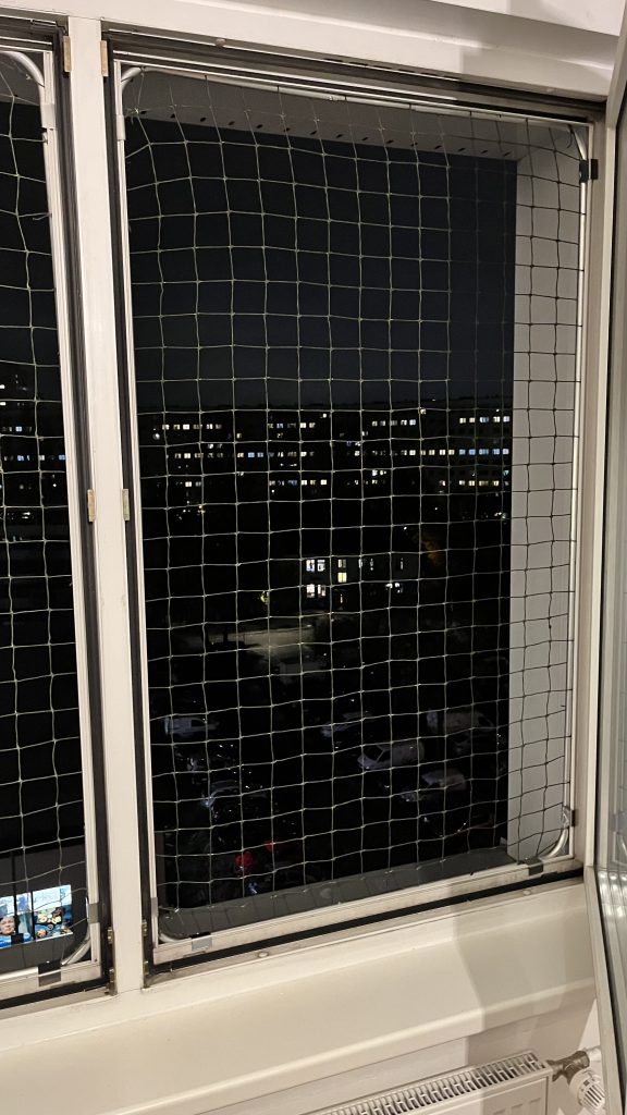 Doppel-Kunststofffenster rechts mit Spannrahmen Katzenschutznetz